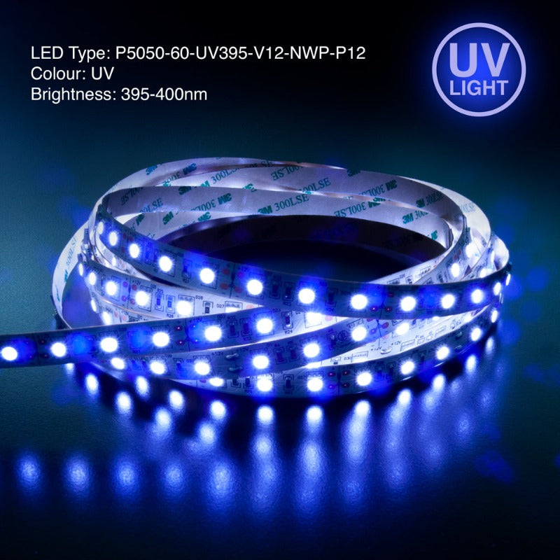 5M(16.4ft) UV Indoor LED Strip Light 60 LED/m, 12V 4.5(w/ft) 395–400nm Ultra Violet(UV), gekpower