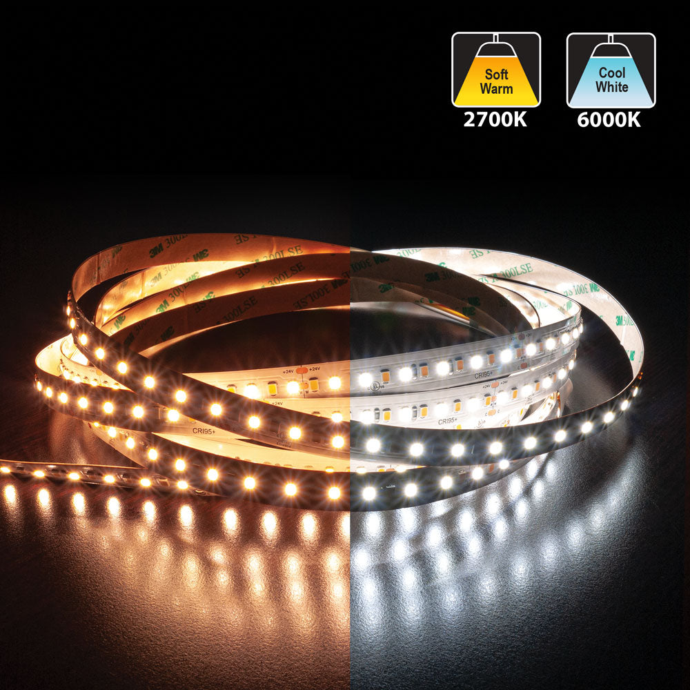 5M(16.4ft) Hybrid Adjustable color temperature CW&WW Indoor LED Strip Light 2835, 24V 5(w/ft) 1024-1126(Lm/ft) 168(LEDs/m) CCT(2.7K-6K Adjustable)