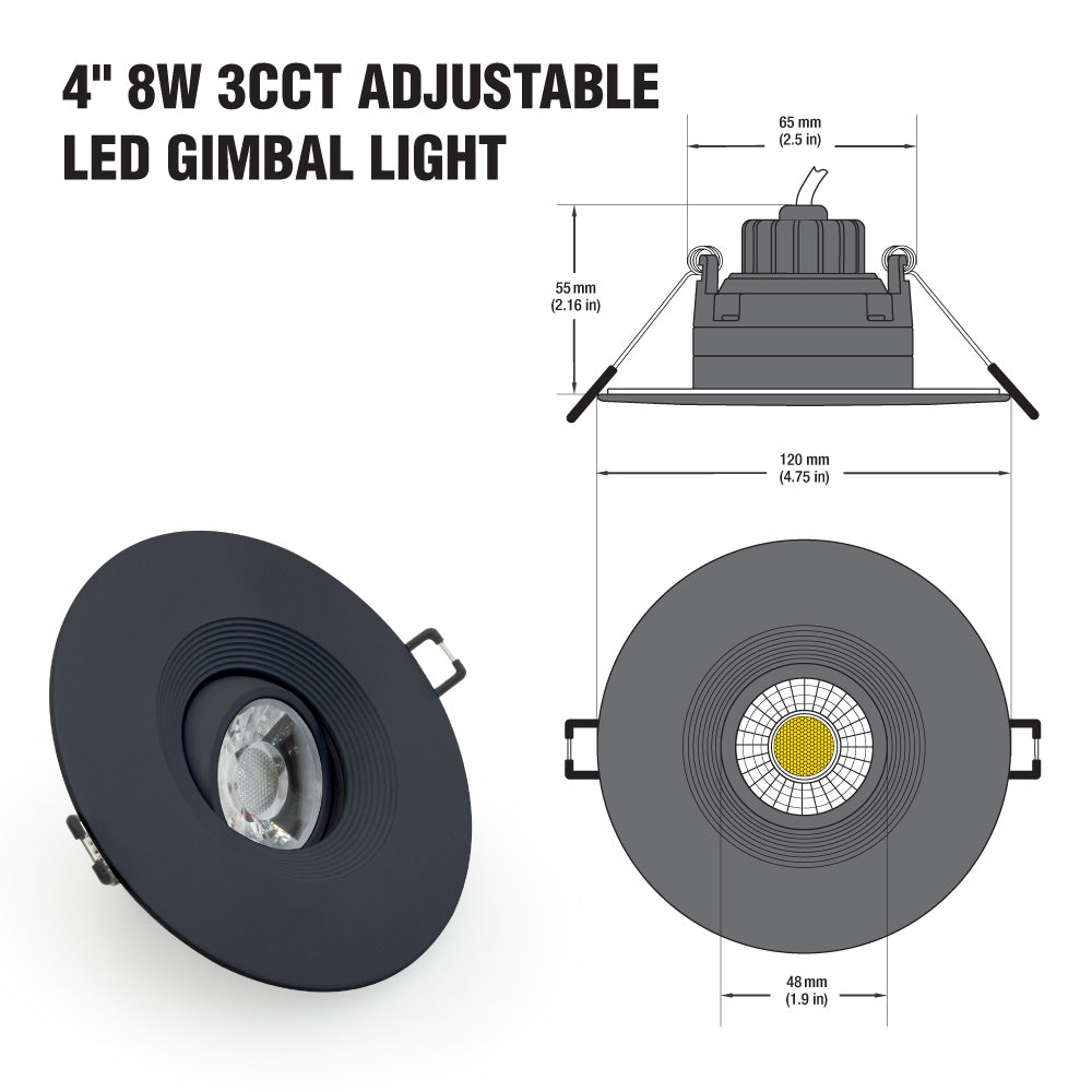 4 inch Round Recessed Ceiling Light Gimbal with Selectable Color Temperature (3CCT) 120V 8W Black, gekpower