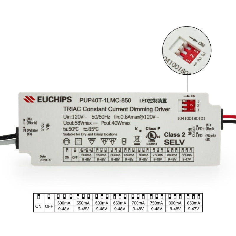 Constant Current 120V Dimmable Driver with Selectable Current 500-850mA 9-48V 40W PUP40T-1LMC-850