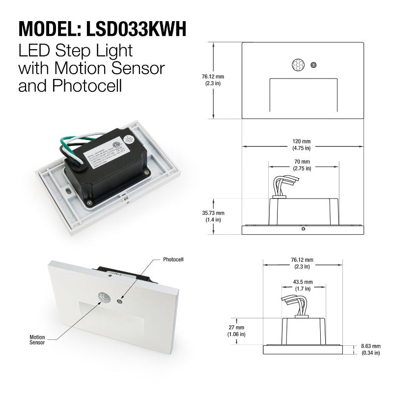 LED Step Light/ Pathway Light with PIR Motion Sensor 120V 3W