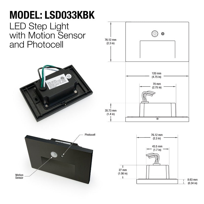 LED Step Light/ Pathway Light with PIR Motion Sensor 120V 3W