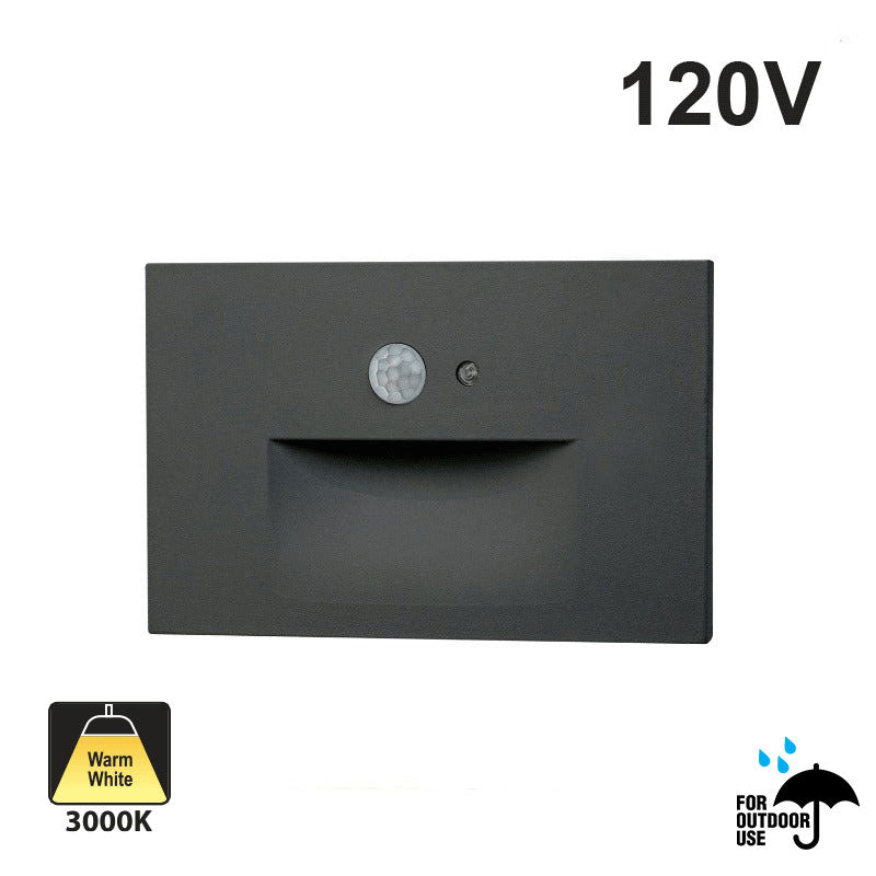 LSD033KBK Outdoor LED Step Light/ Pathway Light with PIR Motion Sensor and Dusk to Dawn Photocell Horizontal, 120V 3W