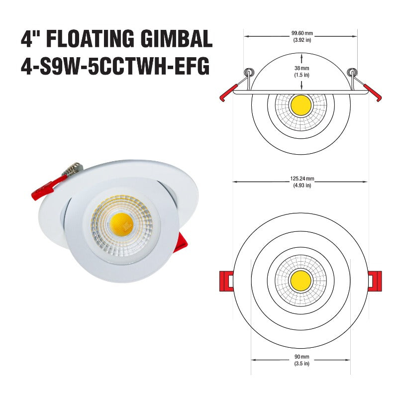 4 inch Floating Gimbal Recessed LED Downlight / Ceiling Light LED-4-S9W-5CCTWH-EFG, 120V 9W 5CCT