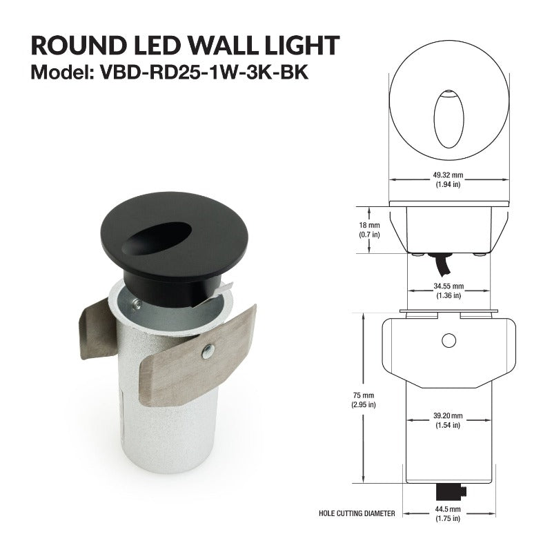 Round LED Step Light/ Pathway Light 12V 1W Black