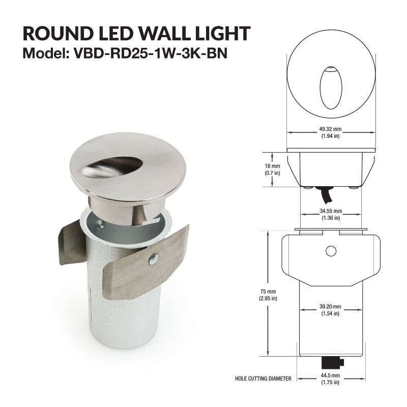 Round LED Step Light/ Pathway Light 12v 1w Brushed Nickel