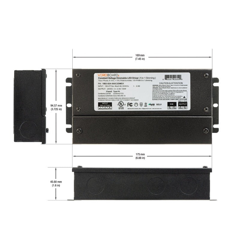 5 in 1 Dimming Triac/Phase/MLV/ELV/0-10V/Potentiometer/10V PWM, LED Driver, VBD-024-060C2DM5i1(Class2)