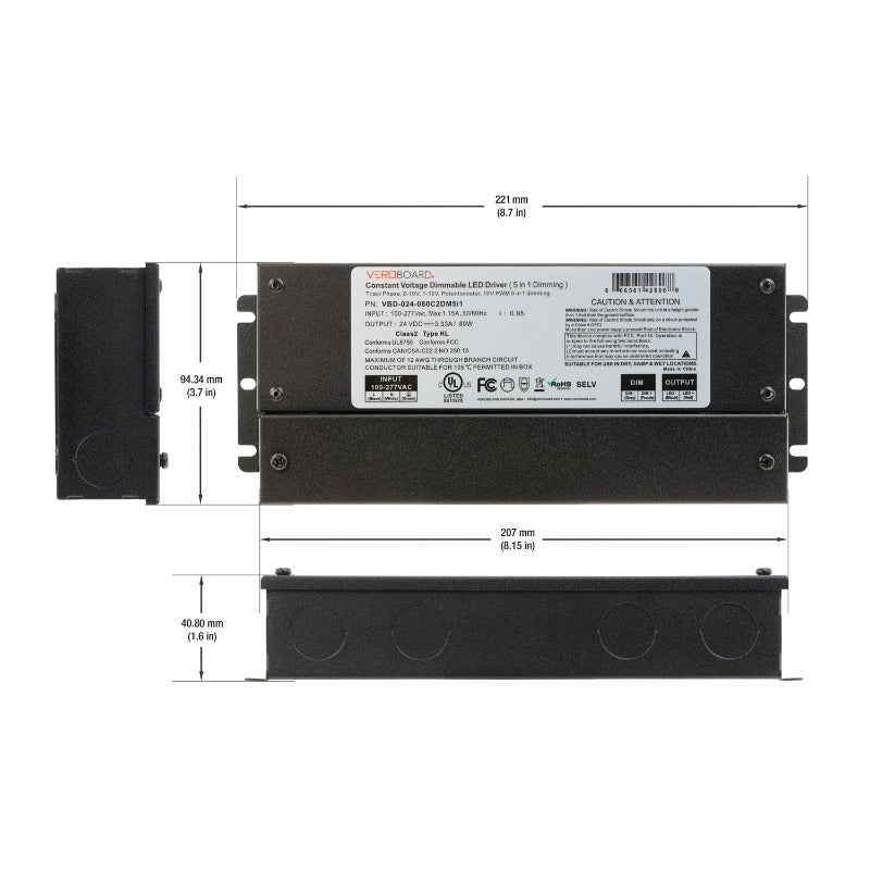 5 in 1 Dimming Triac/Phase/MLV/ELV/0-10V/Potentiometer/10V PWM, LED Driver VBD-024-080C2DM5i1(Class2), gekpower