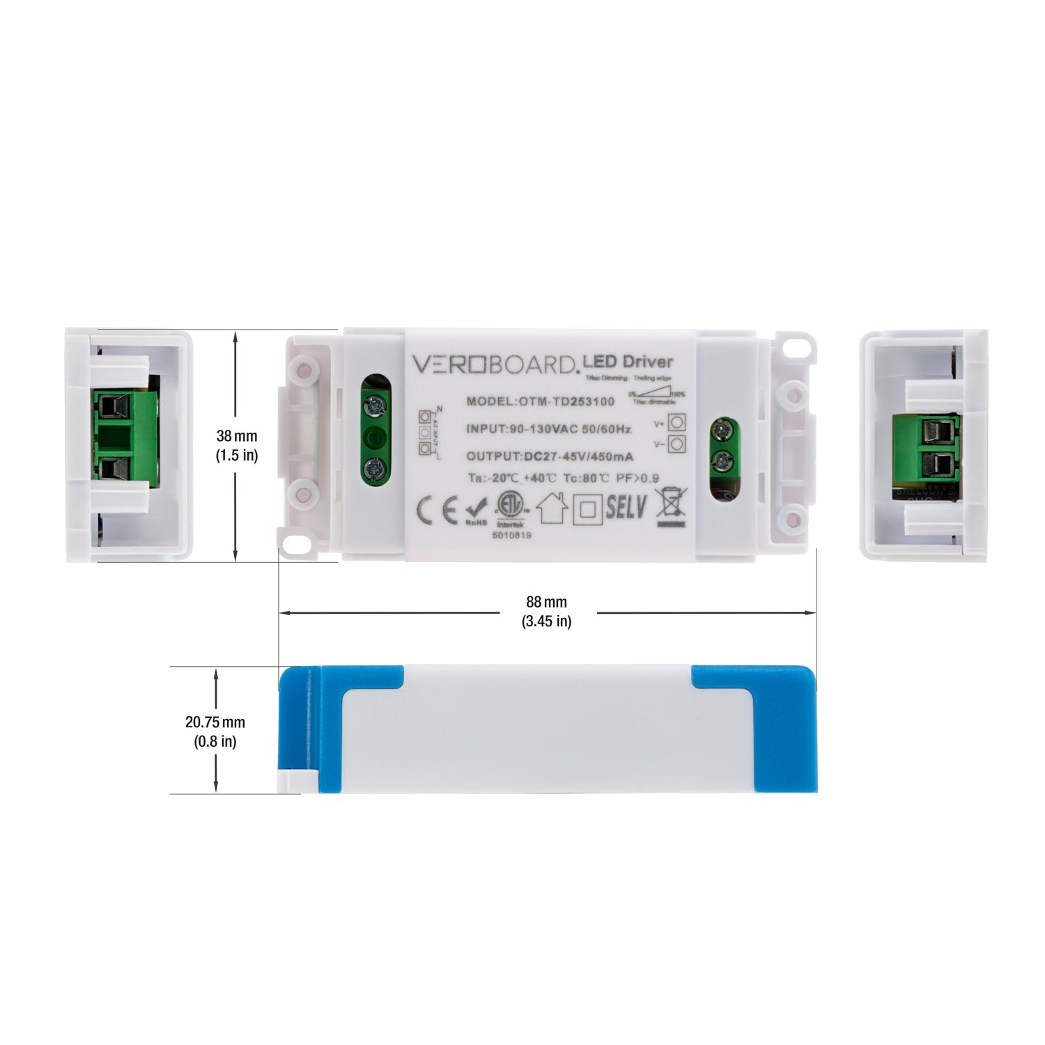 OTM-TD253100-450-20 Constant Current LED Driver, 450mA 27-45V 20W Dimmable, gekpower