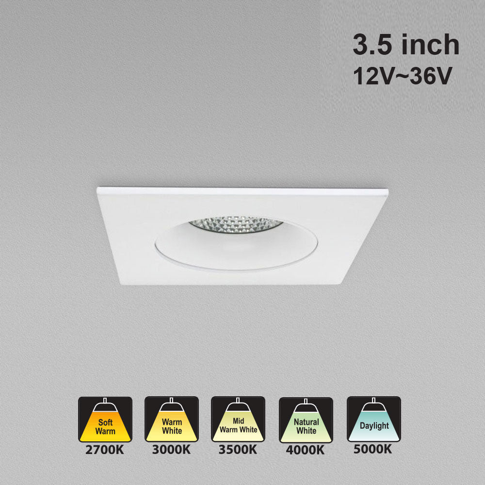 3.5 inch Dimmable Regressed Square Gimbal Downlight/ Ceiling Lights AD-35S12W-1224V-5CCTWH-REY-SQ, (5CCT) 12V~36V 12W