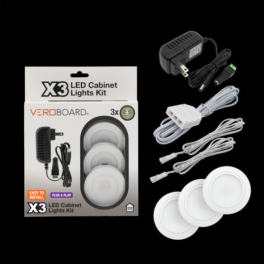 3x Plug-In White Round LED Cabinet Lights Kit