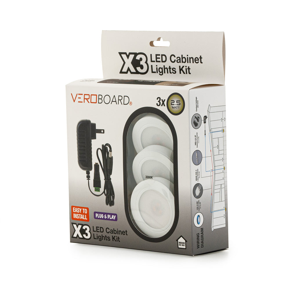 3x Plug-In White Round LED Cabinet Lights Kit