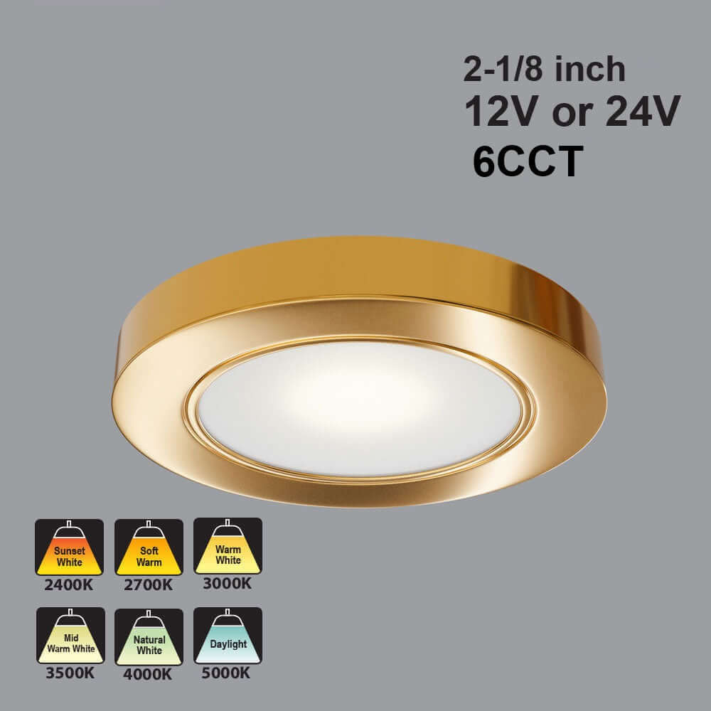 VBUN-2R25-1224V-6CCT-Gold Round Cabinet Light 12-24V 2.7W selectable 6CCT