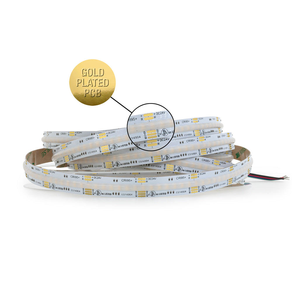 5M(16.4ft) Indoor LED Strip Light COB, 24V 6.6(w/ft) 896(LEDs/m) RGBW(3000K) Gold PCB