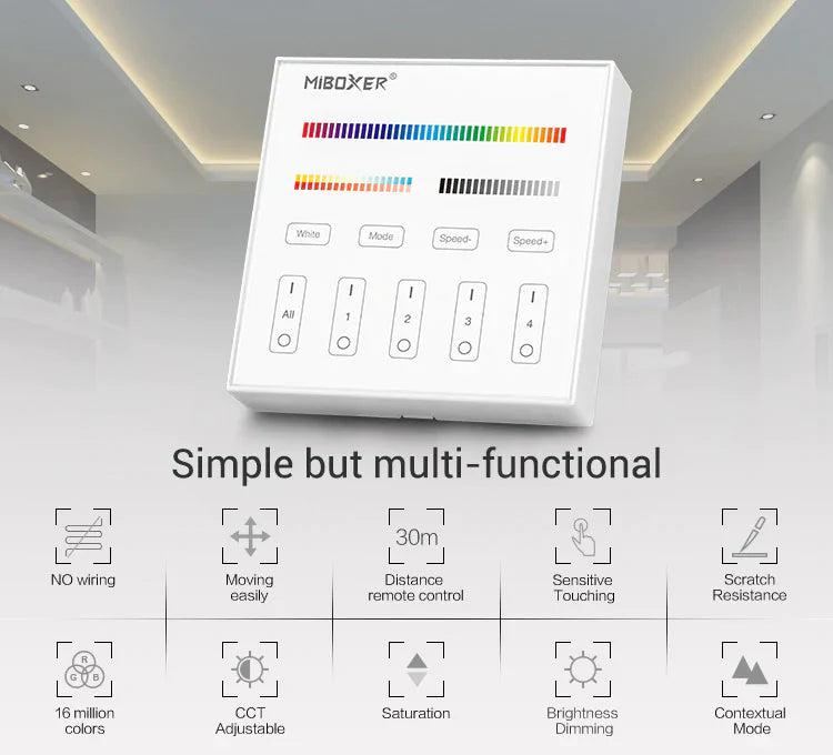 Mi-Light B4 4-Zone RGB+CCT Smart Touch Panel Remote Controller, works with FUT039 - GekPower