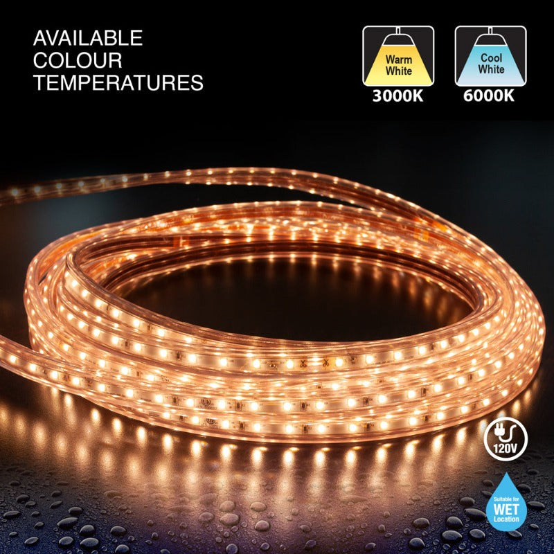 50M(164ft) Waterproof LED Strip 2835, High Voltage LED Strip Light with Power Plug, 120V 2(w/ft) 200(Lm/ft) CCT(3K, 6K) - GekPower