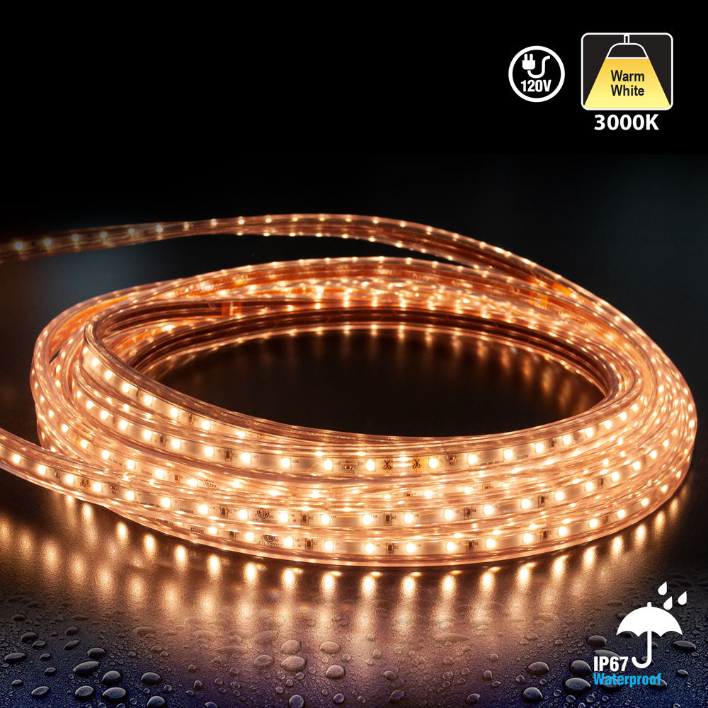 50M(164ft) Waterproof LED Strip 2835, High Voltage LED Strip Light with Power Plug, 120V 2(w/ft) 200(Lm/ft) CCT(3K, 6K) - GekPower