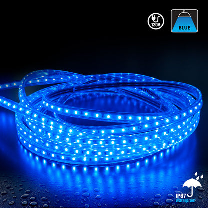 50M(164ft) Waterproof LED Strip 2835, High Voltage LED Strip Light with Power Plug, 120V 2(w/ft) Blue - GekPower