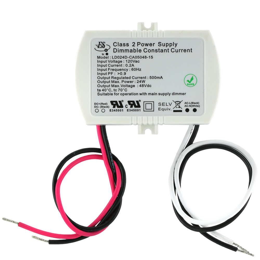 Dimmable Canada, British Columbia, North America. ES LD024D-CA05048-15 Constant Current LED Driver, 500mA 48V 24W max