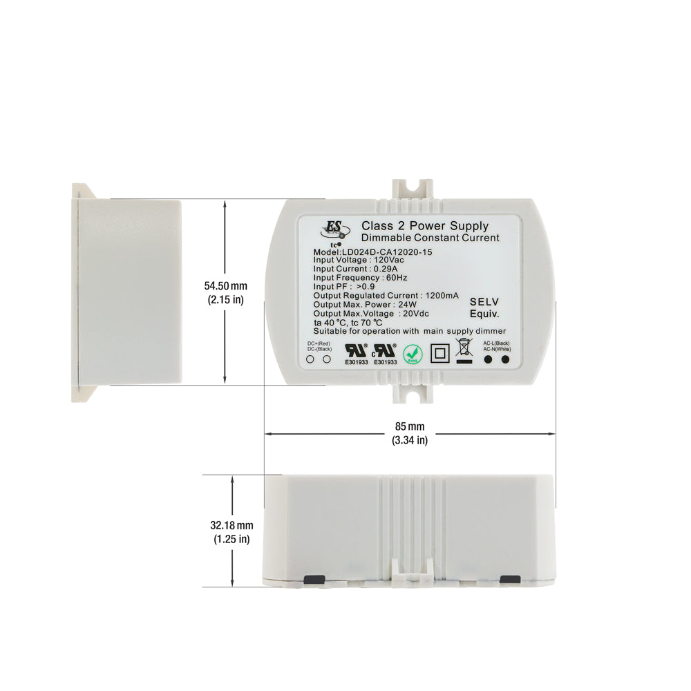 ES LD024D-CA12020-15 Constant Current LED Driver, 1200mA 20V 24W, gekpower