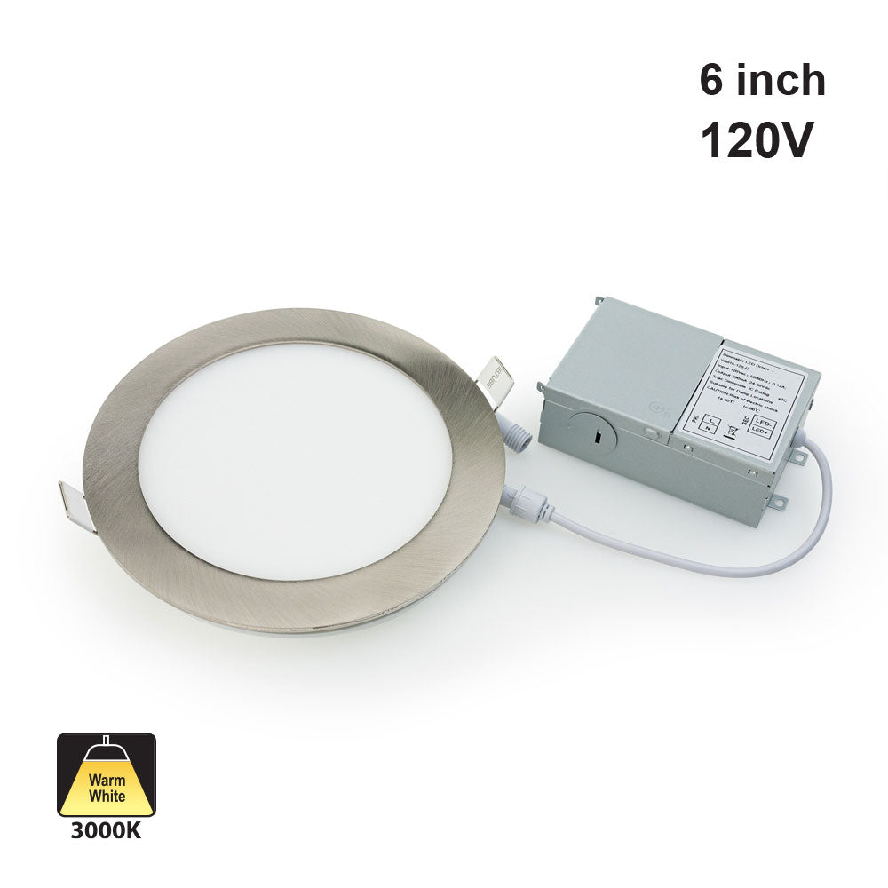 6 inch Round Dimmable Recessed LED Panel Light / Downlight / Ceiling Light 120V 15W 3000K Brushed Nickel, gekpower