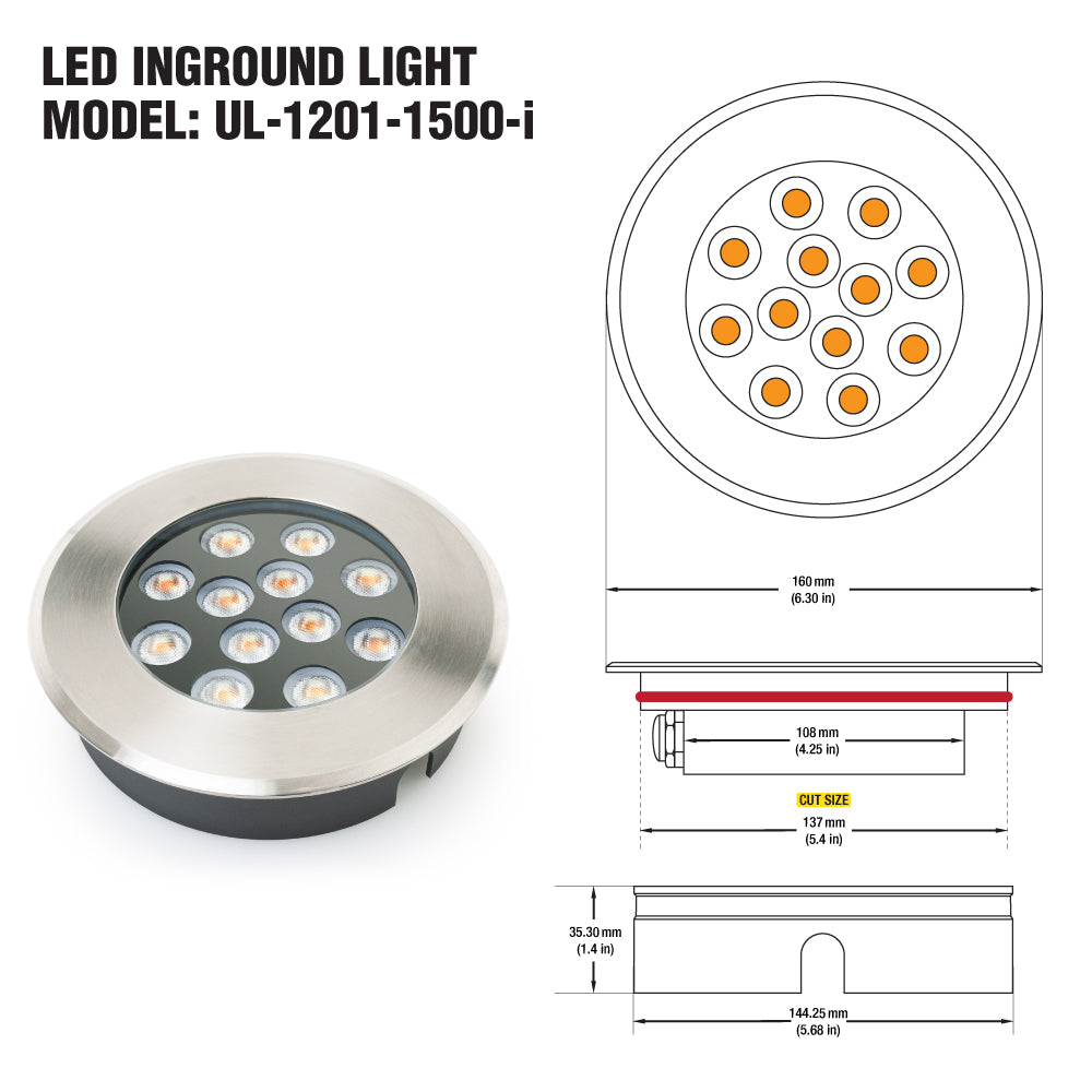 UL-1201-1500-I Outdoor Round Shallow Recessed inground light, 24V 15W 3000K(Warm White)