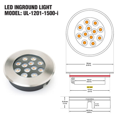 UL-1201-1500-I Outdoor Round Shallow Recessed inground light, 24V 15W 3000K(Warm White)