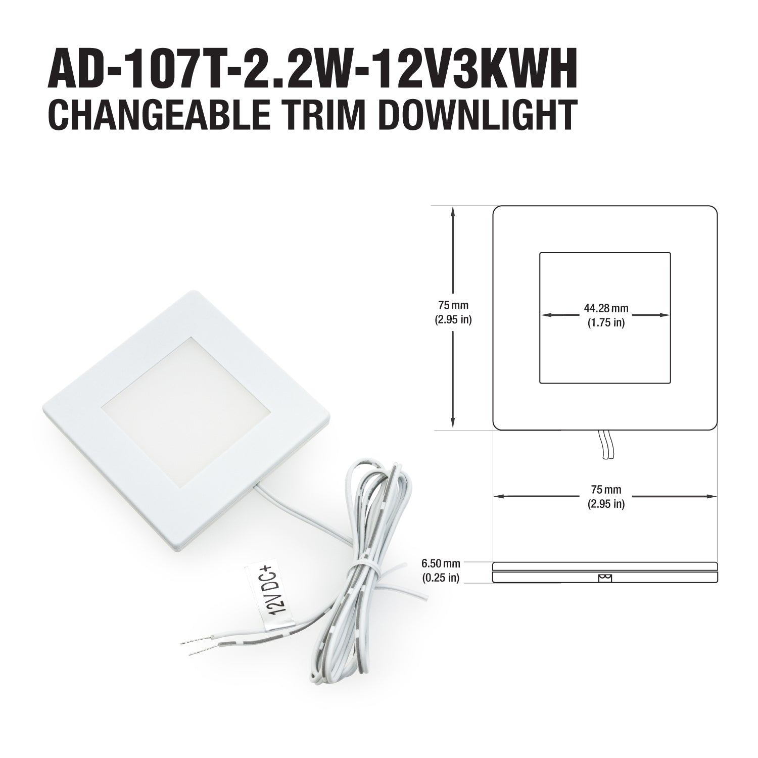 Square Cabinet Puck Light Surface Mount 12V 2.2W Black Dimensions AD-107T-2.2W-12V