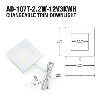 Square Cabinet Puck Light Surface Mount 12V 2.2W Black Dimensions AD-107T-2.2W-12V