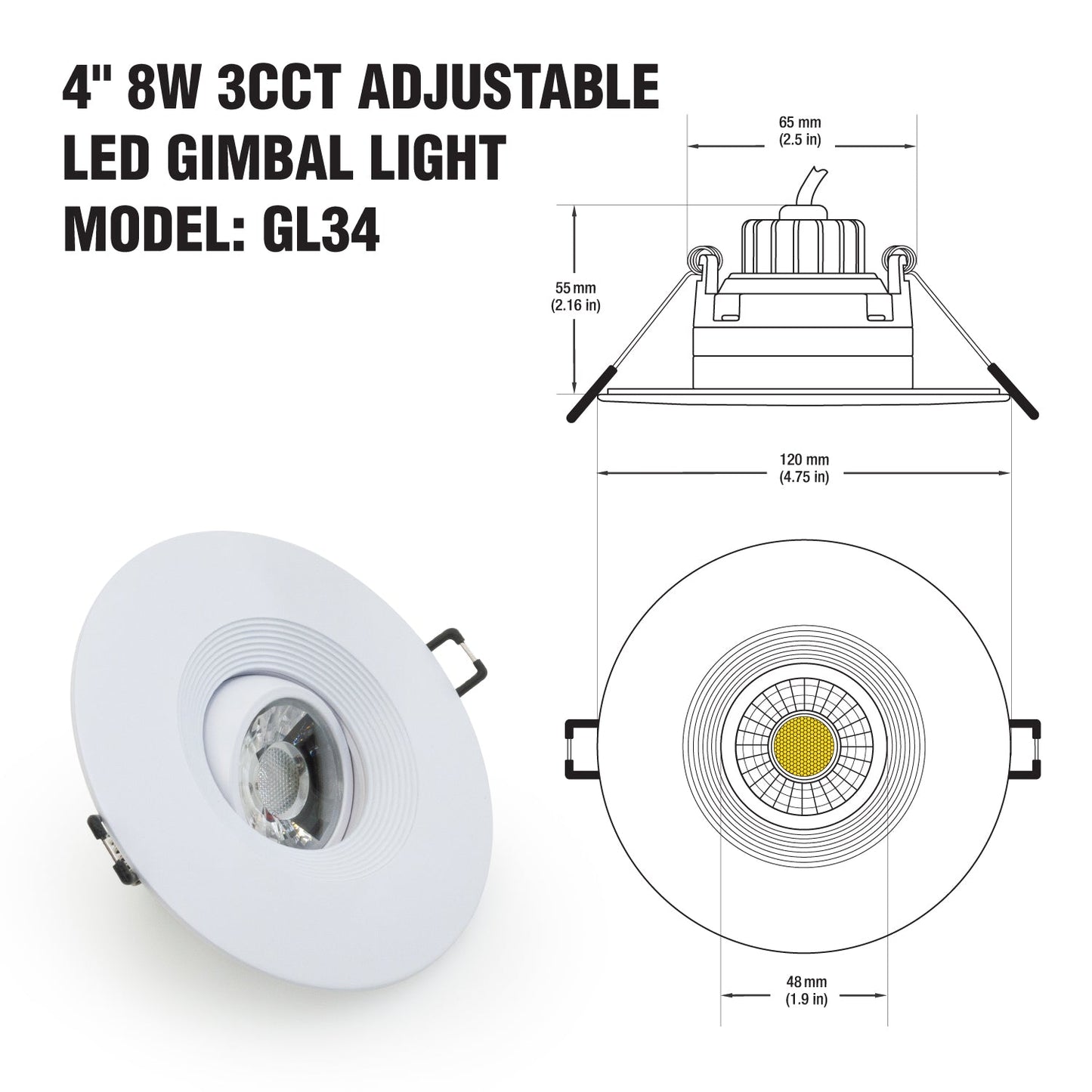 4 inch Round Recessed Light Gimbal with Selectable Color Temperature (3CCT) 120V 8W White - GekPower