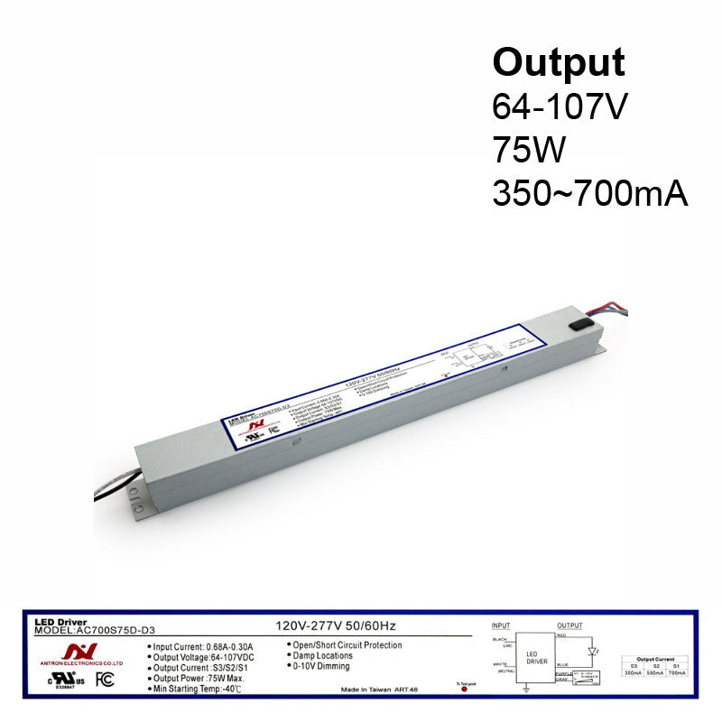 Antron Adjustable Output Current 700-550-350mA with Universal Input Voltage LED Driver 64-107V 75W max AC700S75D-D3