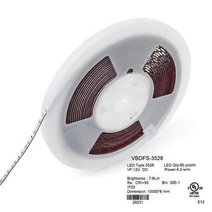 10M(32.8ft) Indoor LED Strip Light 3528, 12V 1.5(w/ft) 128-146(Lm/ft) 60(LEDs/m) CCT(2.7K, 3K, 3.5K, 4K, 5K), GEKPOWER