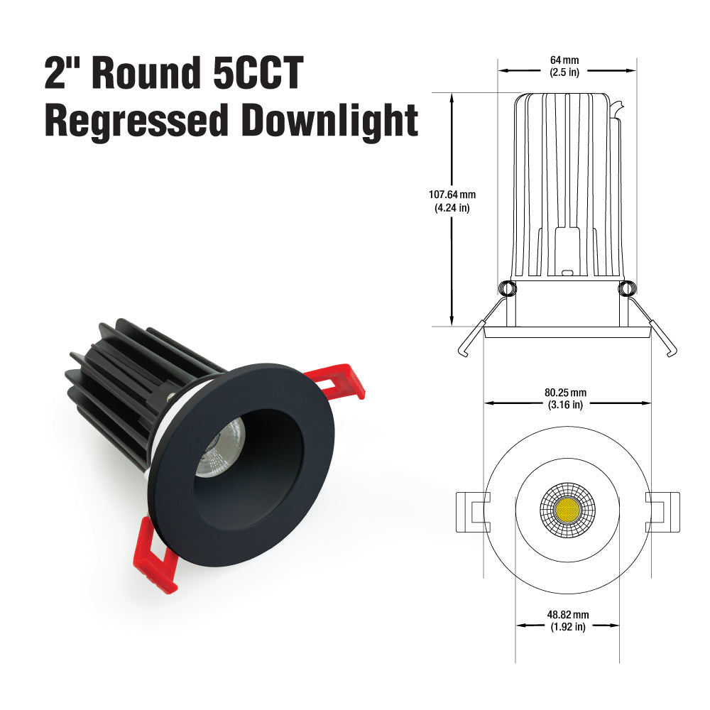 2 inch Round Dimmable Regressed Recessed LED Downlight / Ceiling Light LED-2-S12W-5CCTWH, (5CCT) 120V 12W