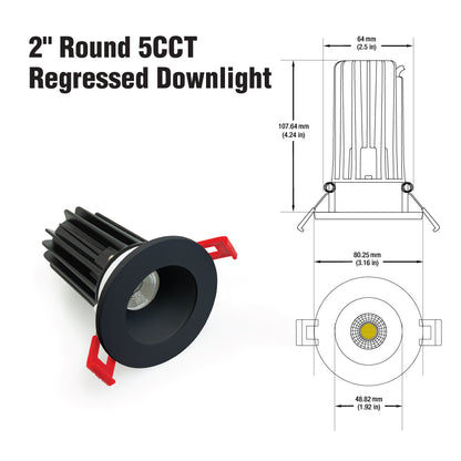 2 inch Round Dimmable Regressed Recessed LED Downlight / Ceiling Light LED-2-S12W-5CCTWH, (5CCT) 120V 12W
