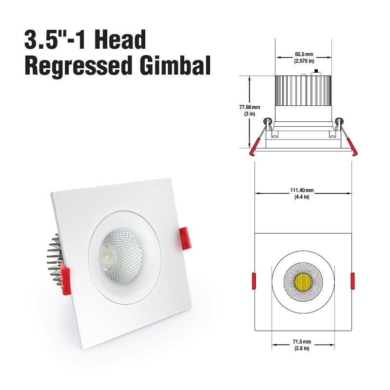 3.5 inch Regressed Square Gimbal Downlight/ Ceiling Lights AD-35S12W-1224V-5CCTWH-REY-SQ, (5CCT) 12-24V 12W, gekpower