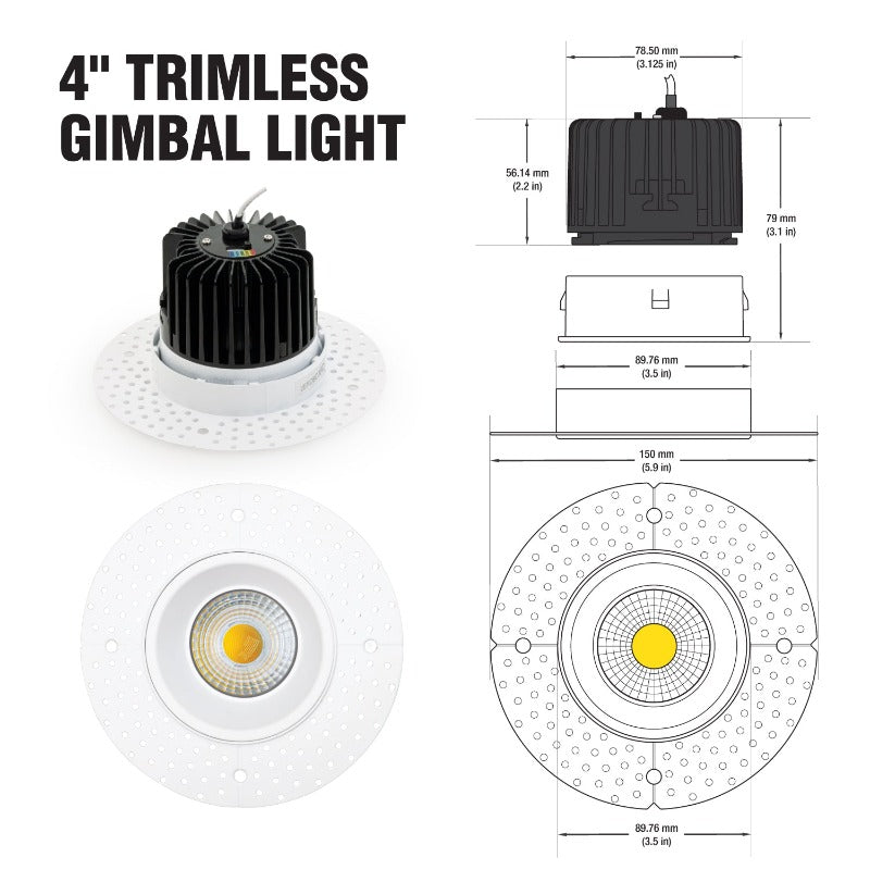 VEROBOARD 4 inch Round Trimless Downlight LED-4-S15W-L5CCTWH-T, (5CCT) 120V 15W - GekPower