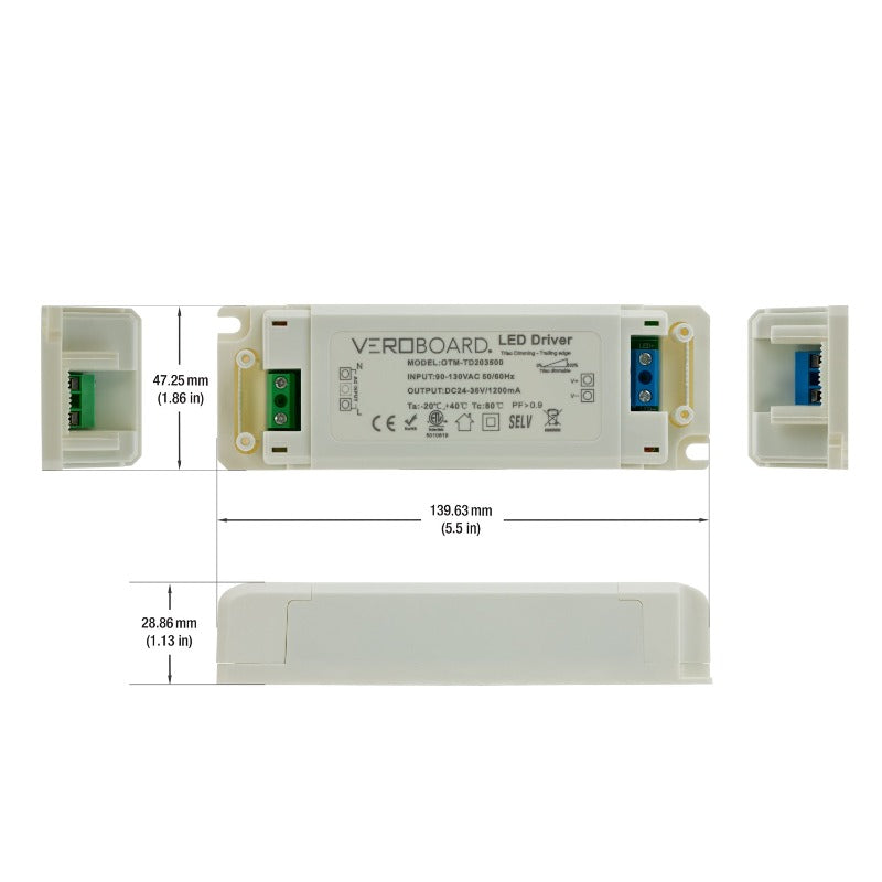 OTM-TD203500-1200-38 Constant Current LED Driver, 1200mA 24-36V 38W Dimmable, gekpower