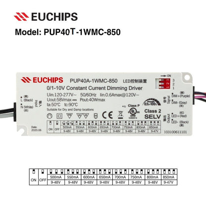 Selectable Constant Current 40W LED Driver 0-10V Dim PUP40A-1WMC-850 , 120-277VAC 500 to 850mA