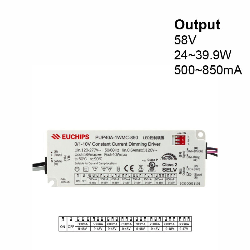 Constant Current Driver PUP40T-1WMC-850 Selectable, 120-277VAC 850 to 1200mA - GekPower