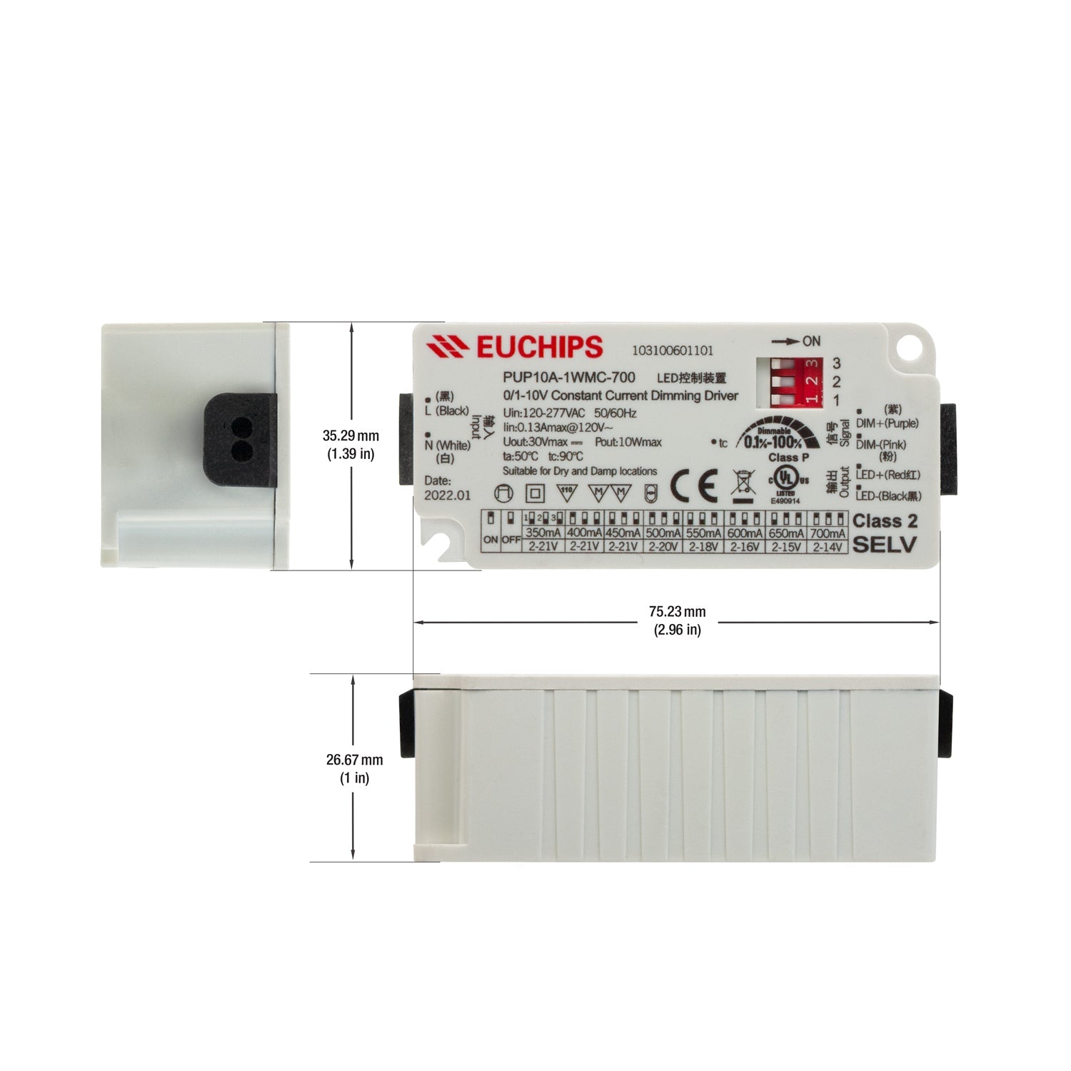 EUCHIPS Constant Current Driver PUP10A-1WMC-700 Selectable, 120VAC-277VAC 350 to 700mA - GekPower