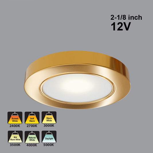 VBUN-2R25-12V-Gold Round LED Cabinet Lights (Shine Series), 12V 2.5W CCT(2.4K, 2.7K, 3K, 3.5K, 4K, 5K)