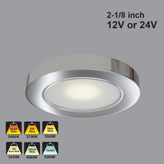 VBUN-2R25-xx-Polished Chrome Round LED Cabinet Lights (Shine Series), 12V 24V CCT(2.4K, 2.7K, 3K, 3.5K, 4K, 5K)