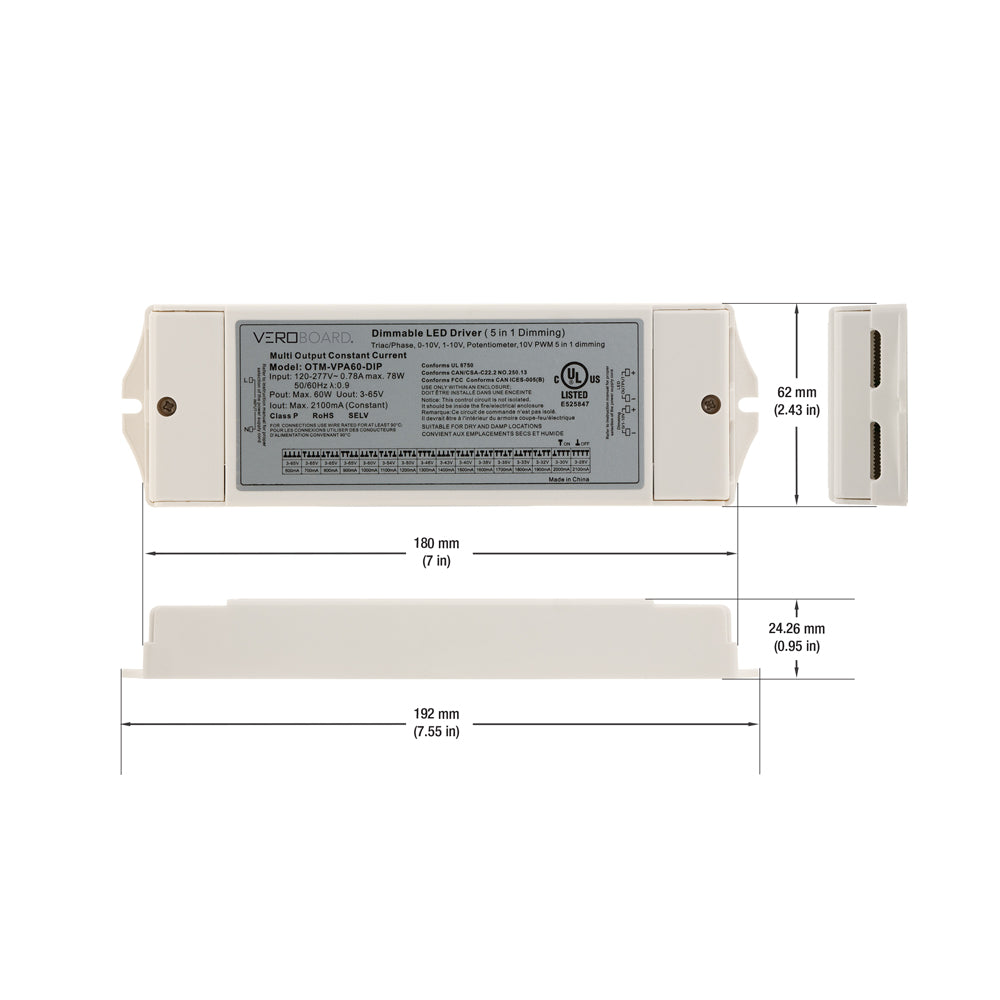 OTM-VPA60-DIP Selectable Constant Current LED Driver (5 in 1 Dimming) 600mA~2100mA 3-65V 60W, gekpower