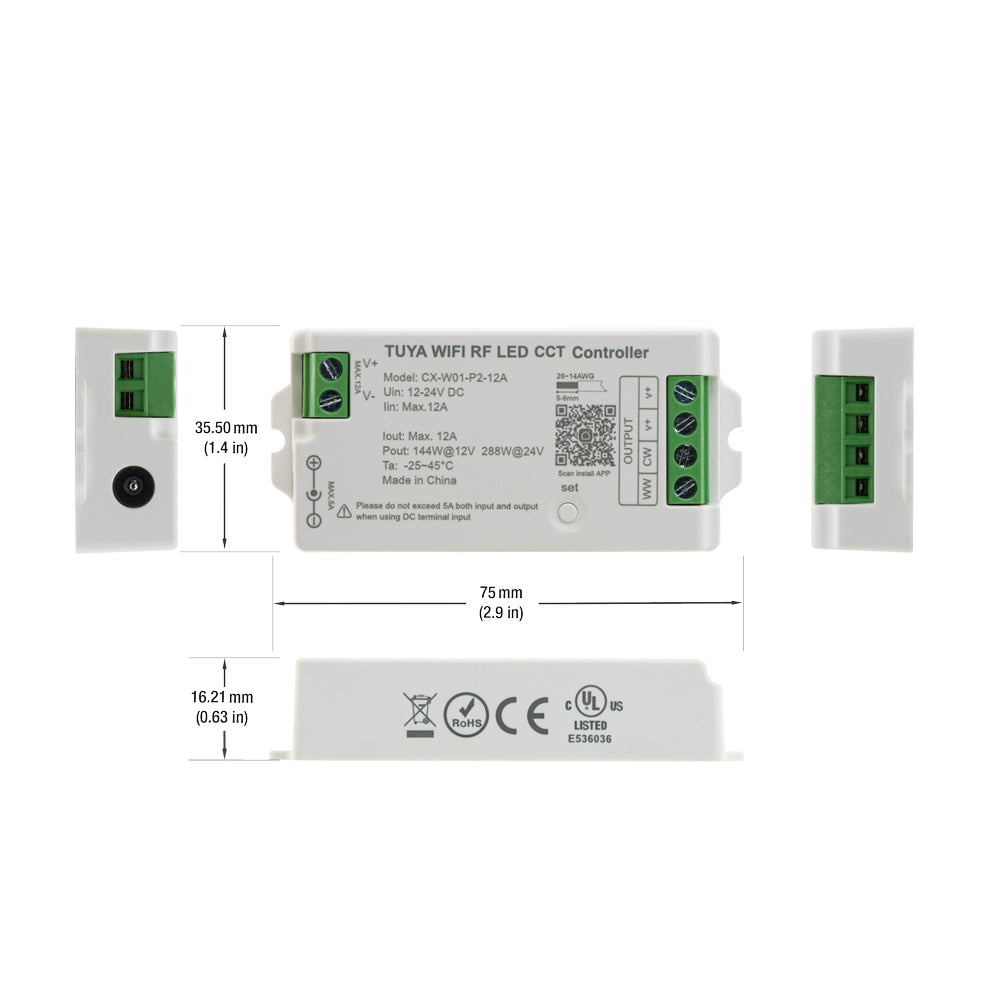 CX-W01-P2-12A-CCT RF LED Light Dim & CCT Receiver 12-24V DC 2.4G Tuya App, gekpower.ca