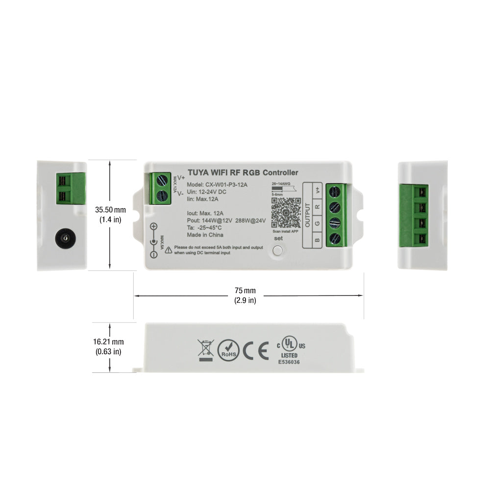 CX-W01-P3-12A-RGB RF LED Light RGB Receiver 12-24V DC 2.4G Tuya App, gekpower.ca