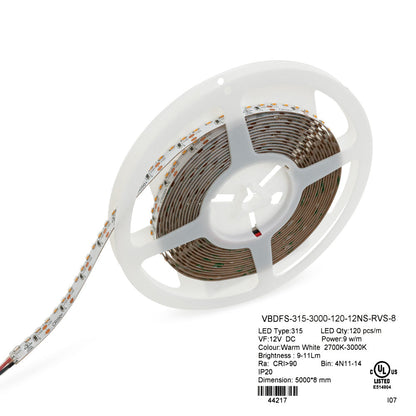 5M(16.4ft) Side emitting Indoor LED Strip Light 315, 12V 3(w/ft) 329-402(Lm/ft) 120(LEDs/m) 3K(Warm White), gekpower