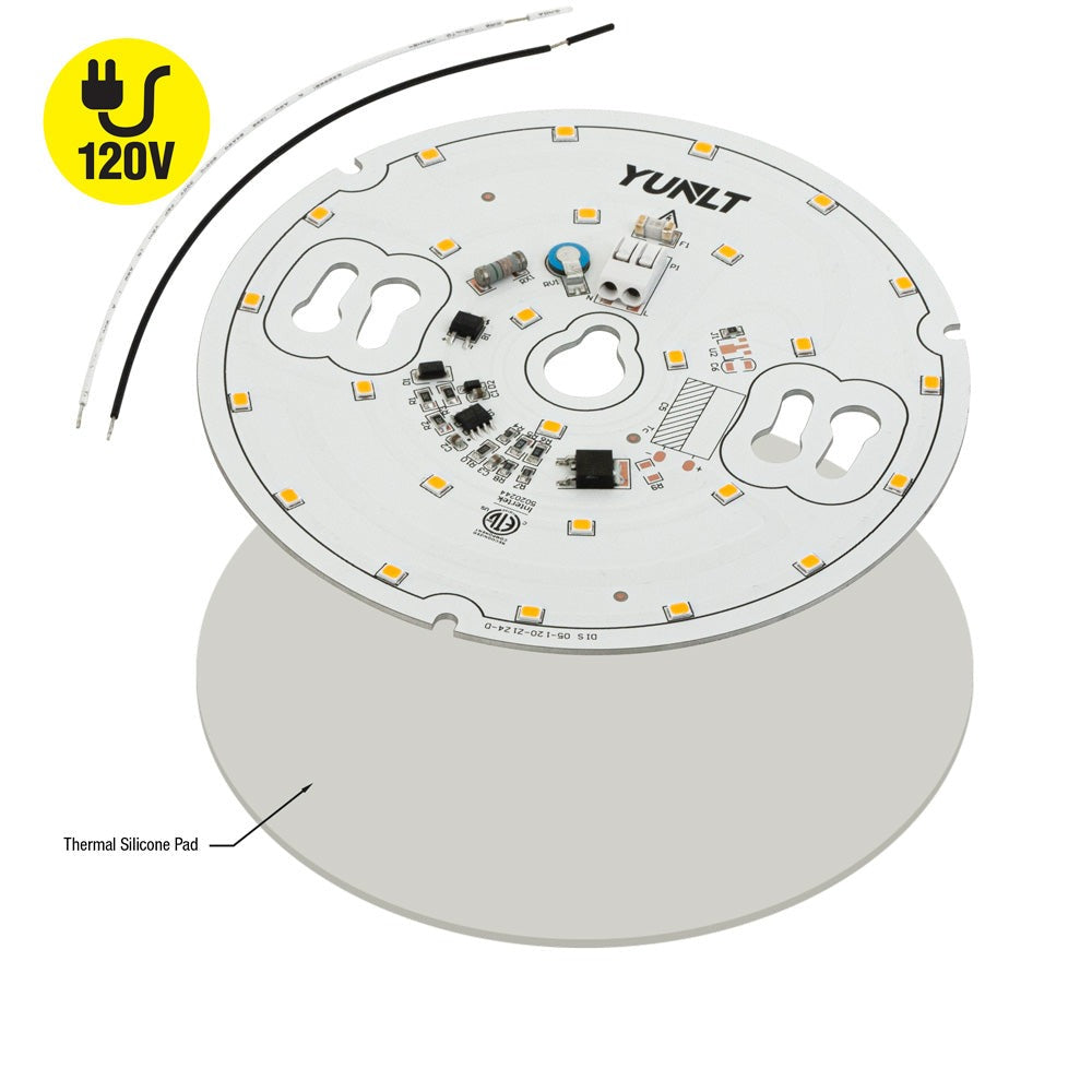 5 inch round ZEGA LED module with thermal silicone pad and 120V power connection.