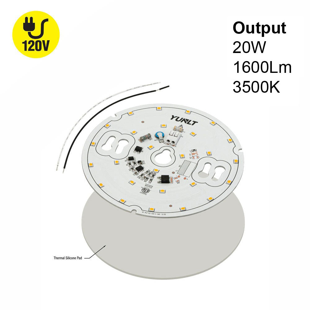 5 inch round ZEGA LED module with 120V, 20W output and 3500K color temperature.