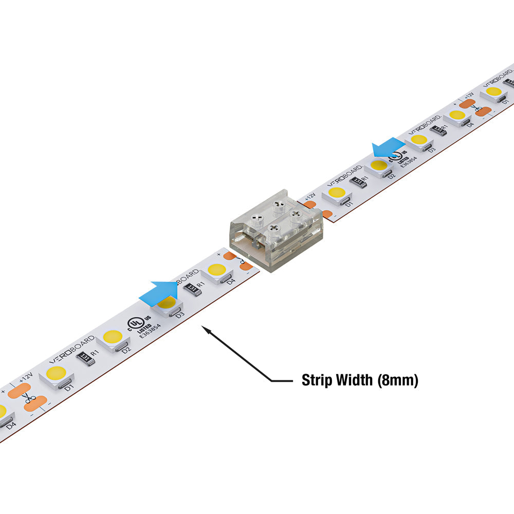 8mm LED strip connectors shown with a clear quick screw connector on an 8mm LED strip.