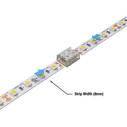 8mm LED strip connectors shown with a clear quick screw connector on an 8mm LED strip.
